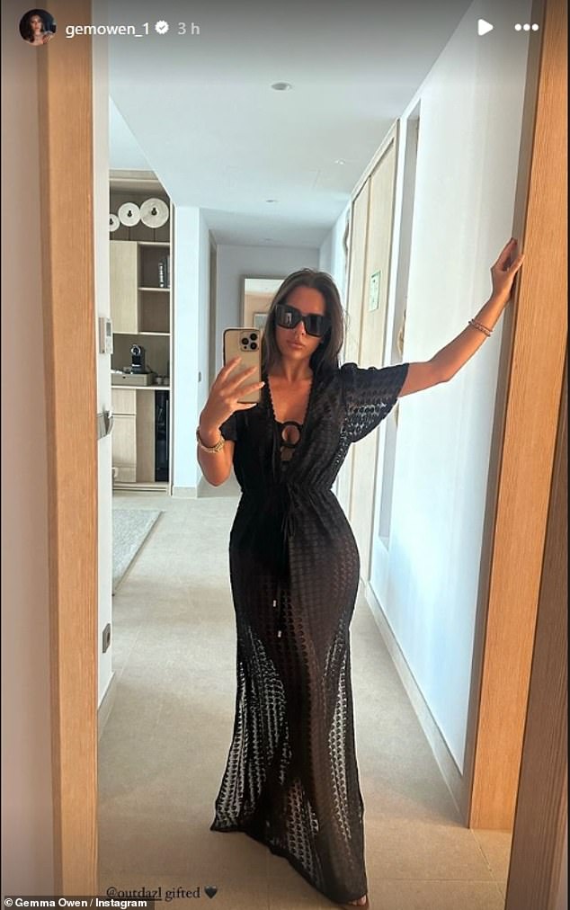 Gemma posted a mirror selfie on her Instagram Stories, showing off her black bikini, long black crochet robe and Gucci sunglasses.