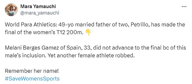 But not everyone shares her opinion, with Olympic medallist Sharron Davies leading the backlash against the decision to allow Petrillo to compete in the women's category.