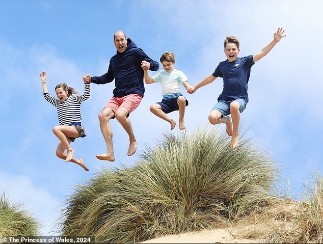 The Princess of Wales took this touching photograph of her husband jumping off the sand dunes with Prince George, 10, Princess Charlotte, 9, and Prince Louis, 6, in Norfolk.