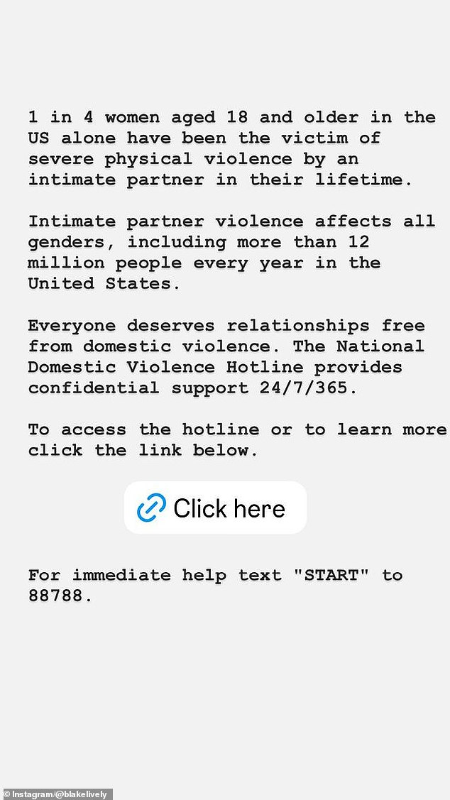 In a follow-up post, she shared statistics related to domestic violence in the United States and provided fans with a link to the National Domestic Violence Hotline.