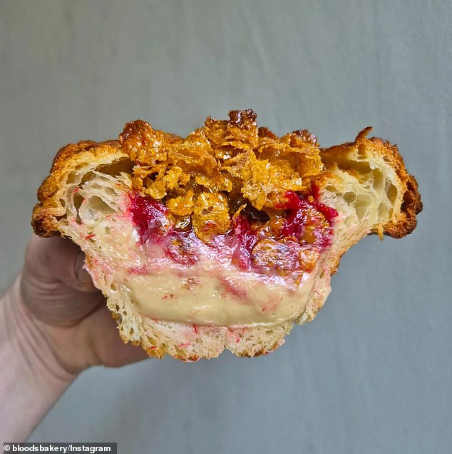 Blood's Bakery's 'Cornflake Tart' features a delicate creamy custard tinged with a dollop of stewed strawberry and rhubarb jam, the sweet pastry topped with crunchy cornflakes.