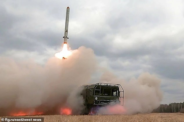 A Russian nuclear-capable Iskander-M missile fired from a mobile launcher, undated