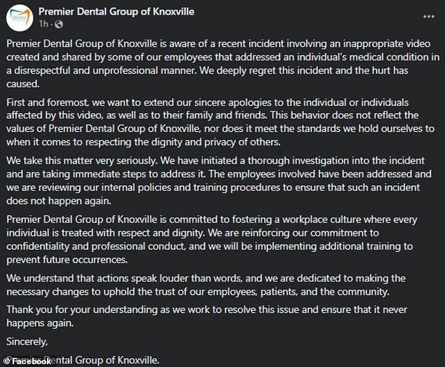 In response, Premier Dental Group of Knoxville posted an apology on Facebook. The office's account has since been deleted.