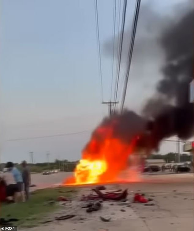 The impact of the high-speed collision caused the SUV to crash into a gas station and catch fire.