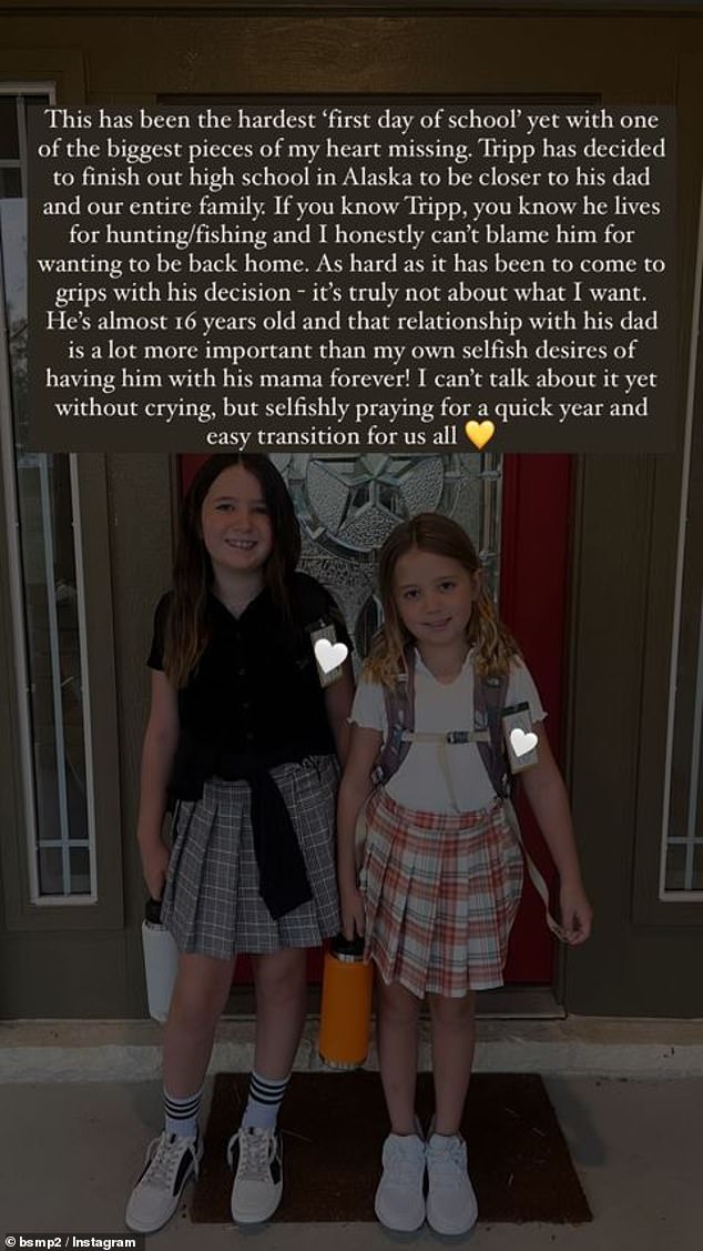 She posted a picture of her two daughters on their doorstep to mark their first day of school, while detailing the changing dynamics in her family.