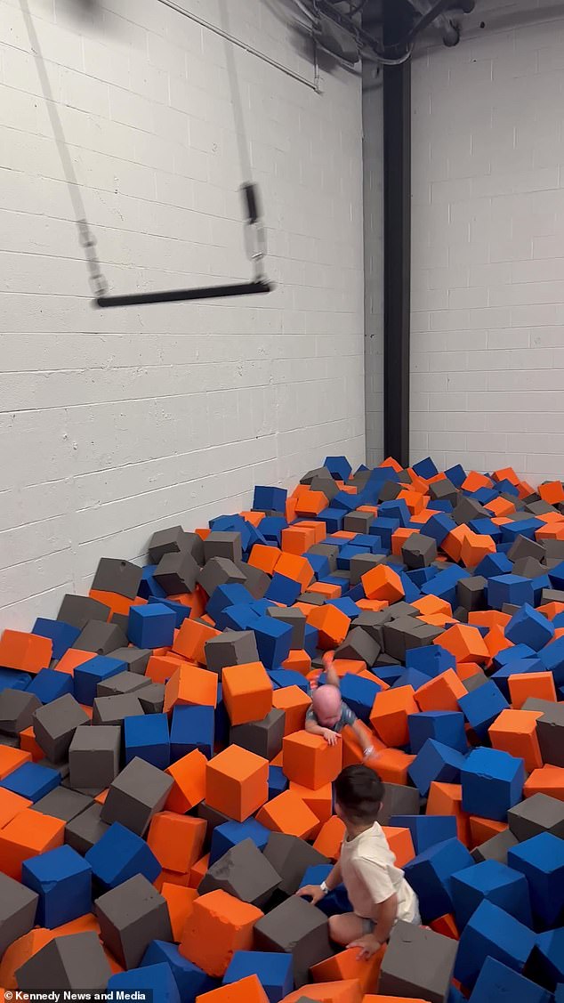 Reighlynn then let go and fell 10 feet into the foam pit below, sobbing as she landed face-first, before immediately wanting to do it again.