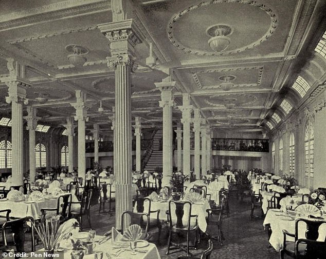 Pictured above is the dining room of the SS Arcadian, which sank during World War I.