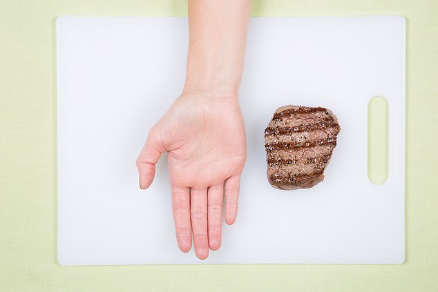 That's a serving of beef that's about 100 grams, or 3.5 ounces, compared with the size of a hand. People in the study at higher risk for developing diabetes ate less beef than that daily — about 2.5 ounces.