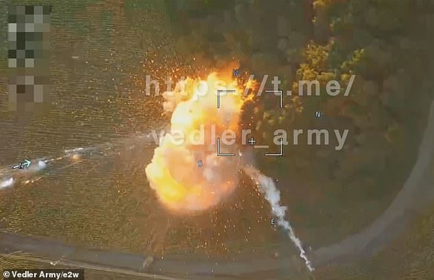 The footage, which was shared on social media app Telegram, shows a massive explosion on the battlefield as the tank, reportedly deployed by Ukraine's 82nd Brigade, blew up.