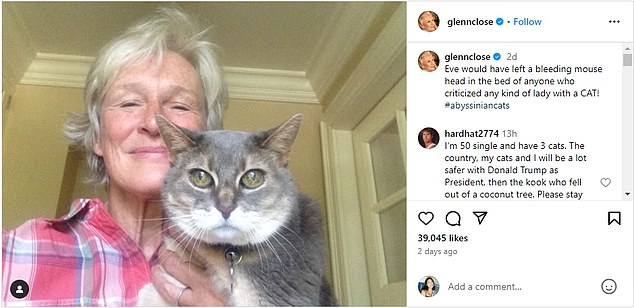 Glenn Close, who played Vance's grandmother in the film version of his memoir Hillbilly Elegy, responded to his comments in an Instagram photo of her holding her cat Eve.