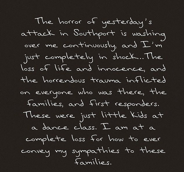 The singer previously posted an emotional message after a knife attack at a dance class themed to her songs left three children dead and six others in critical condition.