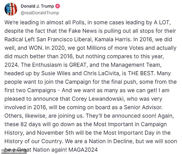 Trump began his statement by saying he was leading in the polls, but recent moves have shown Kamala Harris tied or leading in key battlegrounds.