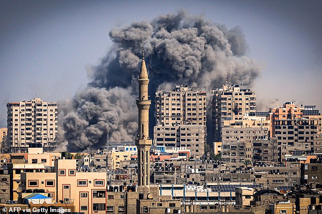 Smoke rises in Gaza City on October 12, 2023, five days after Hamas's incursion into Israel