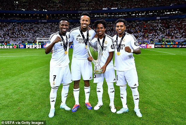 Militao (second from left) played the entire match that Real Madrid won in the UEFA Super Cup this week