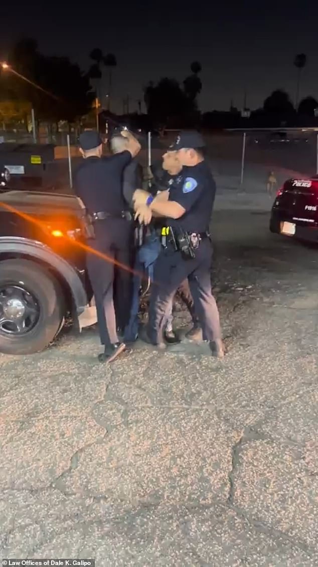 Body camera and cellphone video footage captured a San Bernardino police officer striking a gas station employee with a baton 16 times.