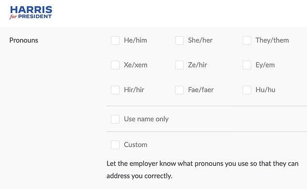 Harris's campaign application includes nine different pronoun options, including 'xe/xem,' 'ze/hir,' 'ey/em,' 'fae/faer,' and 'hu/hu.'