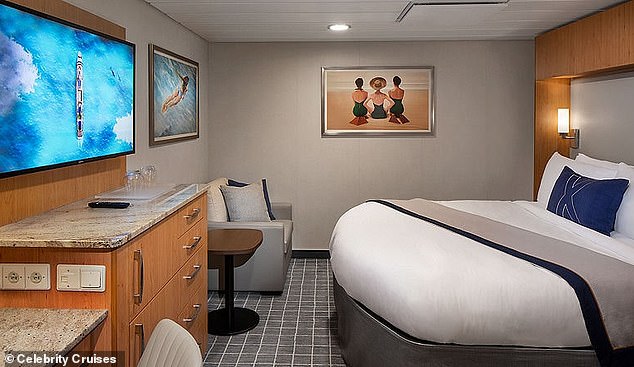 The couple boarded Celebrity Eclipse in Sydney on March 15 last year for a cruise on the Tasman Sea and shared a balcony cabin. A similar cabin can be seen in the photo