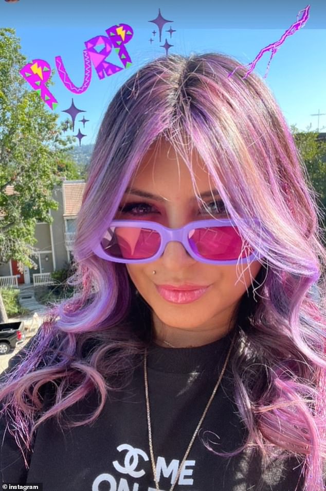 Hours before her arrest, Sangha took to Instagram to debut a vibrant new purple hairstyle.