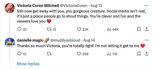 Danielle was quick to respond, thanking Victoria and confirming that she would not be affected by the online comments.