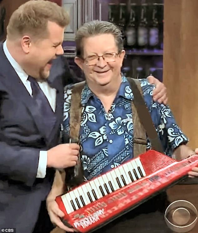 The star is pictured with James Corden on The Late Late Show in 2018.