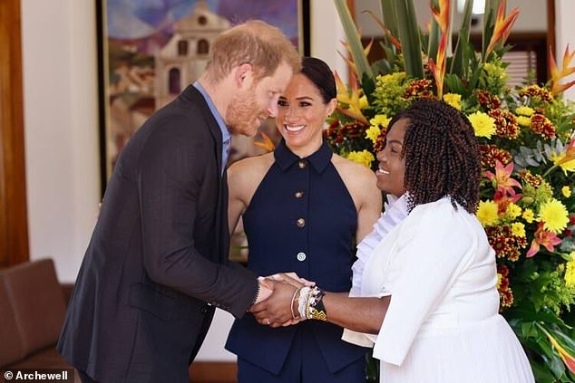 Prince Harry is seen shaking hands with Ms Marquez as Meghan looks on with a smile. The Duke and Duchess stayed at the residence for half an hour, where the Vice President expressed her gratitude for the couple's official visit.