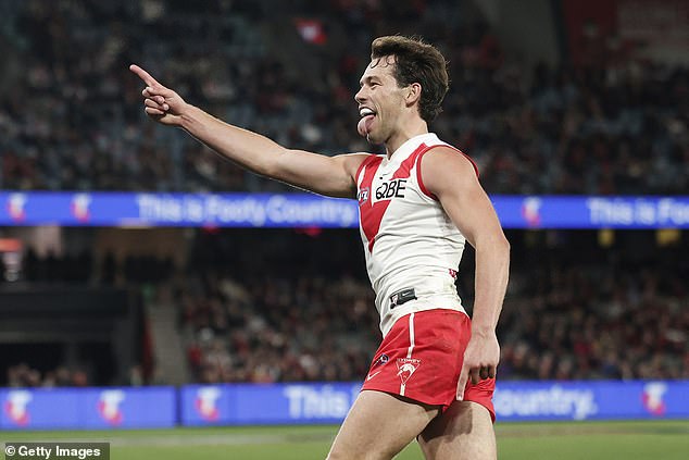 Swans' Oliver Florent celebrates scoring his second-half Sydney-Swan goal