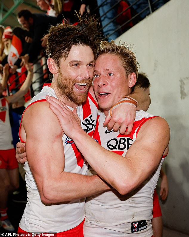 Swans' Dane Rampe and Isaac Heeney celebrate winning the AFL premiership