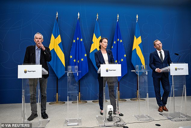 Swedish State Epidemiologist Magnus Gisslen, Acting Director General of the Public Health Agency Olivia Wigzell and Minister of Social Affairs and Public Health Jakob Forssmed hold a press conference to report on the mpox situation in Stockholm on August 15.