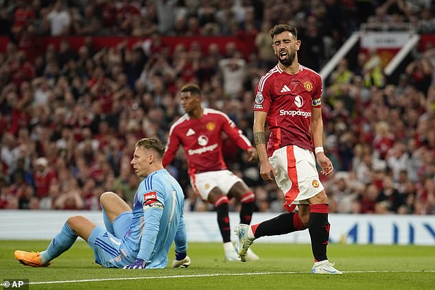 United missed a series of golden opportunities when captain Fernandes was deflected off by Bernd Leno