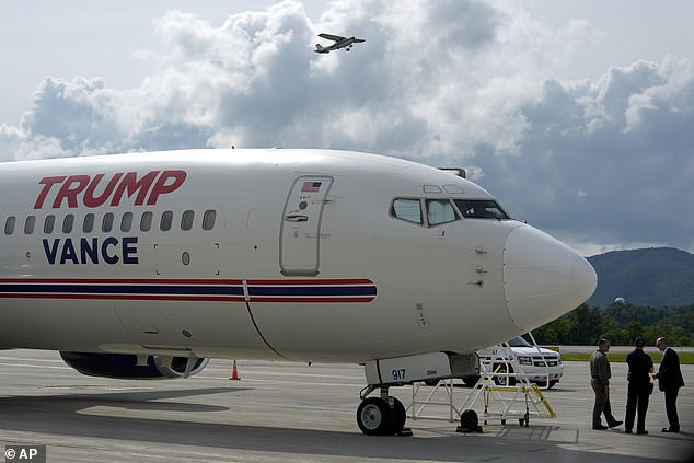 The plane has been decorated with campaign details, including donors' names on the tail.