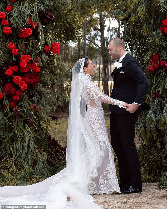 Olympia and Thomas tied the knot in June 2022. They walked down the aisle in a picturesque ceremony attended by 250 family and friends in Daylesford, Victoria. Pictured on their wedding day