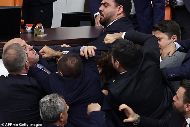 Dozens of lawmakers were involved in the fight, with drops of blood visible on the steps leading to the speaker's lectern.