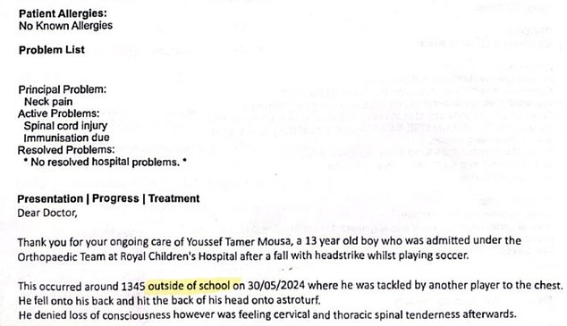 Although the hospital, according to its report (pictured), was told that the incident occurred 