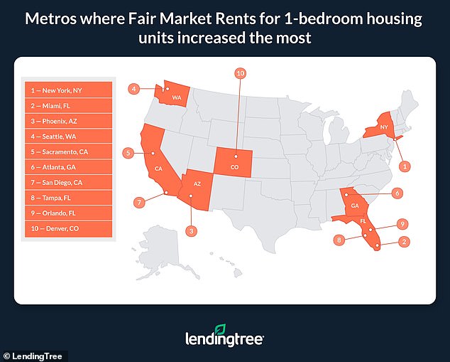 The map shows the cities where rents increased the most