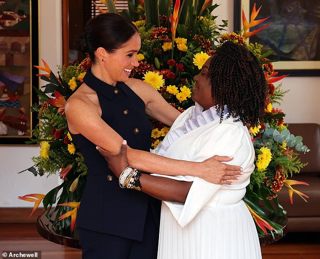 Meghan Markle is seen smiling broadly as she greets Colombian Vice President Francia Marquez in Bogota