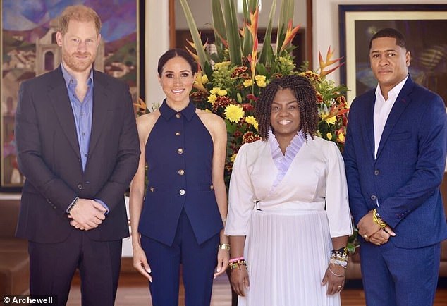 Harry and Meghan pose with Colombian Vice President Francia Marquez and her partner Rafael Yerney Pinillos