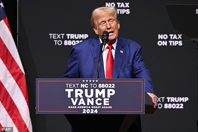 Former President Donald Trump speaks in Asheville, North Carolina, on Aug. 14, 2024. The Republican presidential candidate has accused Harris of copying his proposal to stop taxing tips for service workers. He proposed it in Nevada earlier this year. Last week, Harris supported eliminating tip taxes during a rally in Las Vegas