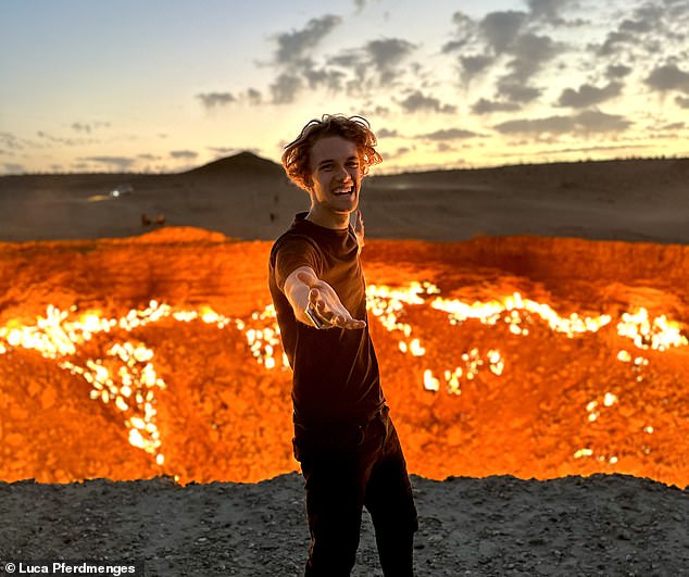 Luca at the gates of hell, a burning natural gas field, in Turkmenistan, one of the 190 countries he has visited since he was 15 years old