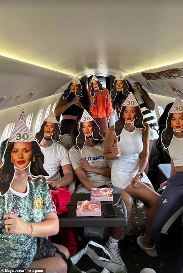 Boarding their flight with Sandbanks Jets, the group dined on a menu from Japanese restaurant Nobu, while drinking champagne and wearing masks of Maya's face.