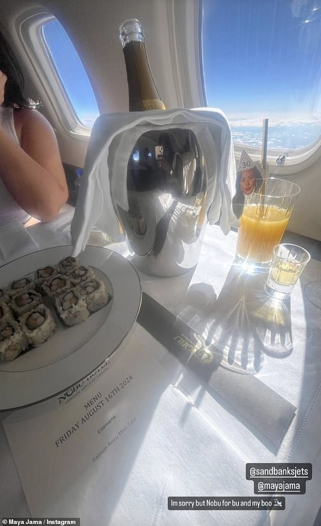 Boarding their flight with Sandbanks Jets, the group dined on a menu from Japanese restaurant Nobu, while drinking champagne and wearing masks of Maya's face.