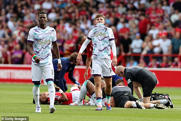 Bournemouth duo Dango Ouattara (left) and Alex Scott also looked affected by Danilo's injury.