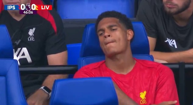 The defender looked devastated as he sat on the visitors' bench after being substituted at half-time.