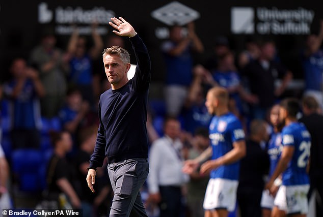 Ipswich manager Kieran McKenna waved to the crowd after the final whistle on Saturday.