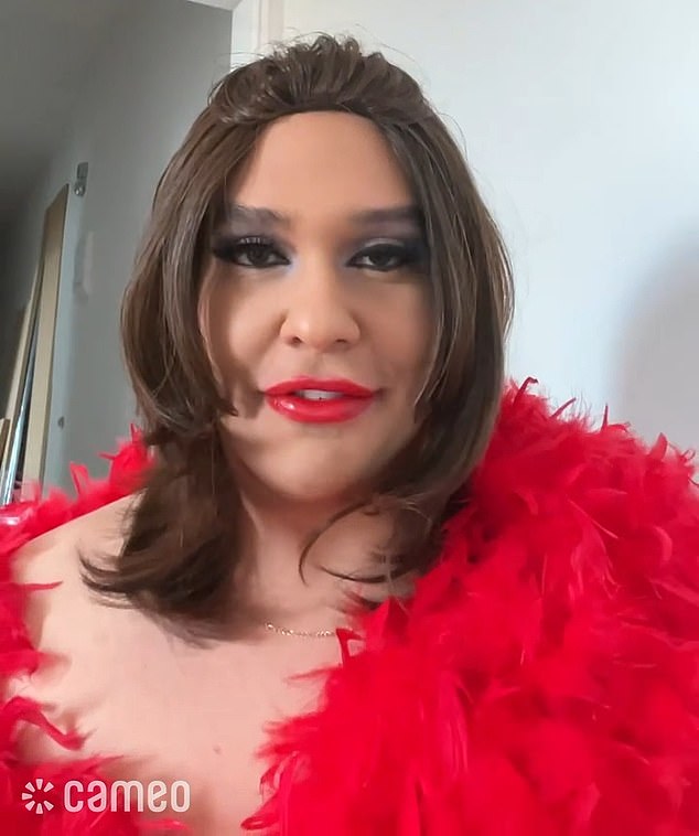 George Santos posted his first Cameo posts dressed as his drag character Kitara Ravache with red lipstick, a red feather boa, and a brown wig.