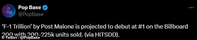 In a sign of more good things to come, Pop Base reports that F-1 Trillion is projected to debut at No. 1 on the Billboard 200 with 200-225 thousand units sold.