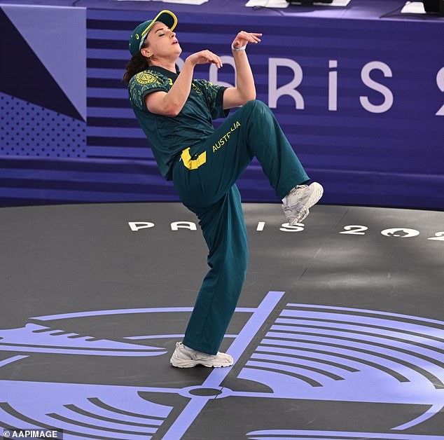 Pictured: Rachael Gunn performs the original kangaroo move during her routines in Paris.