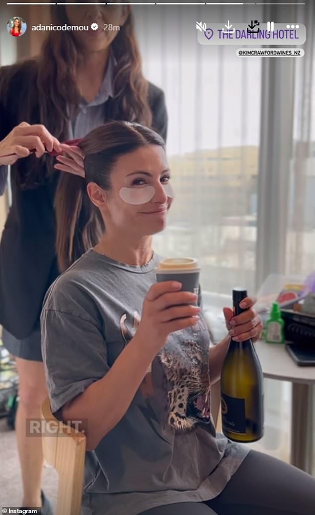 Sitting in a chair as hairstylist Rosemary Saffioti worked on her Logies updo, the actress clutched a takeaway cup of coffee in one hand and a bottle of wine in the other.