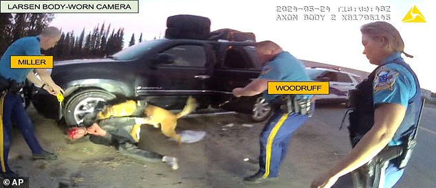 Body camera footage shows Ben lying on the ground next to the black truck with blood on his forehead and the dog jumping on him.