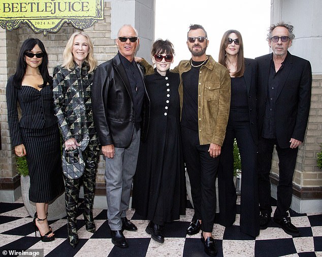 LR Jenna Ortega, Catherine O'Hara, Michael Keaton, Winona Ryder, Justin Theroux, Monica Bellucci and Tim Burton