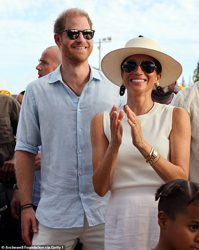 Meghan accessorised her ensemble with chic aviator sunglasses, Princess Diana's £17,800 gold Tank Française watch, a £5800 yellow gold Cartier Love bracelet and completed her ensemble with black sandals.